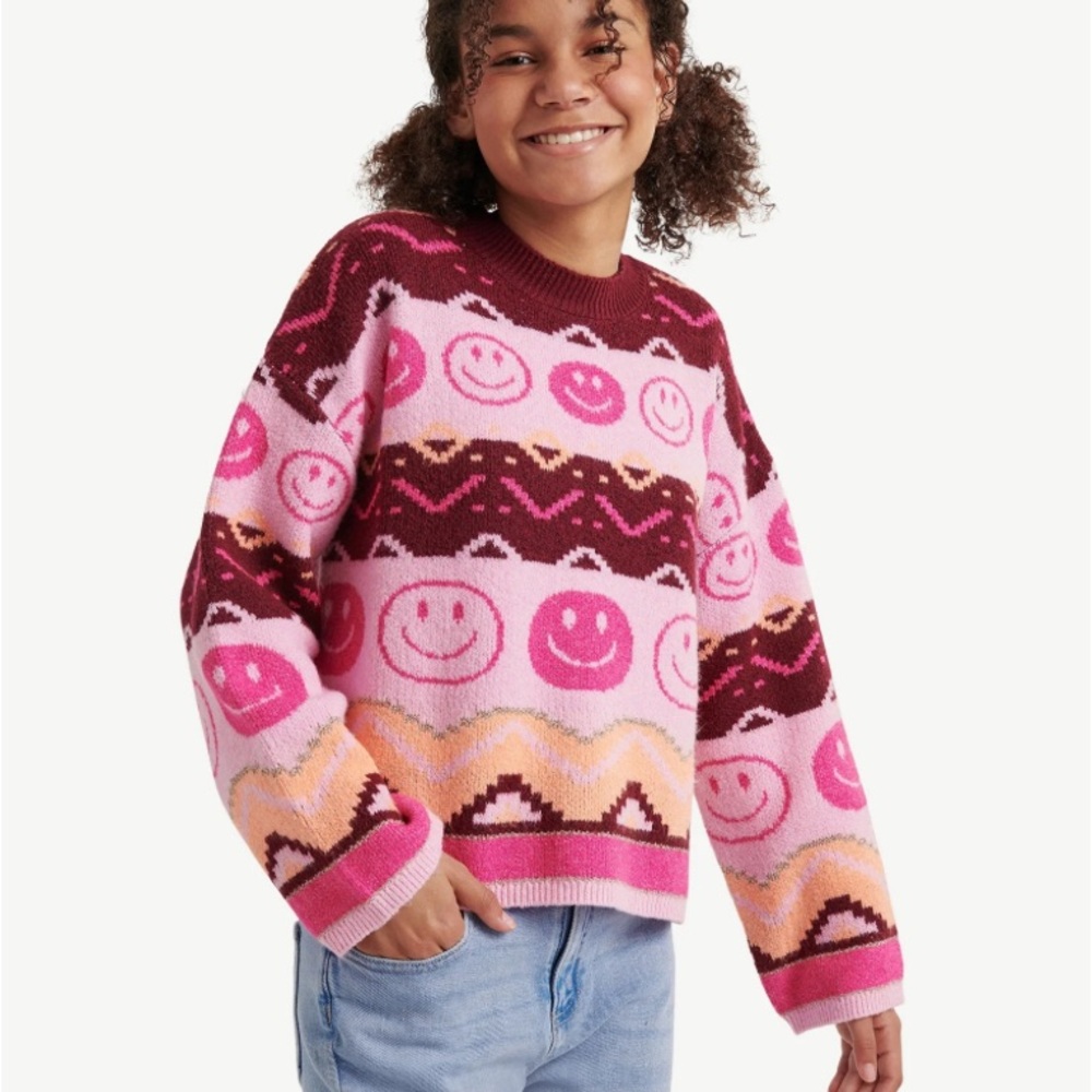 Justice Knit Fairisle Sweater Burgundy Rose Pink Size Large 12/14